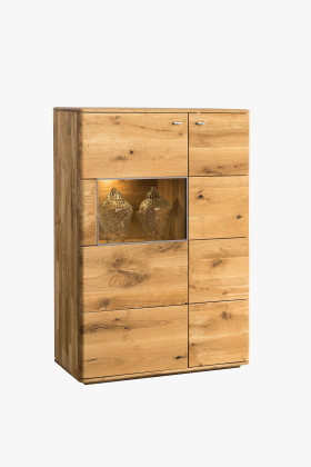 Hohe Kommode Texas mit Glasvitrine und Beleuchtung, Holz